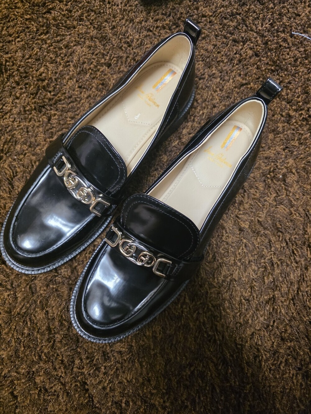 Sam Edelman Black Patent Loafers with Gold Chain Trim